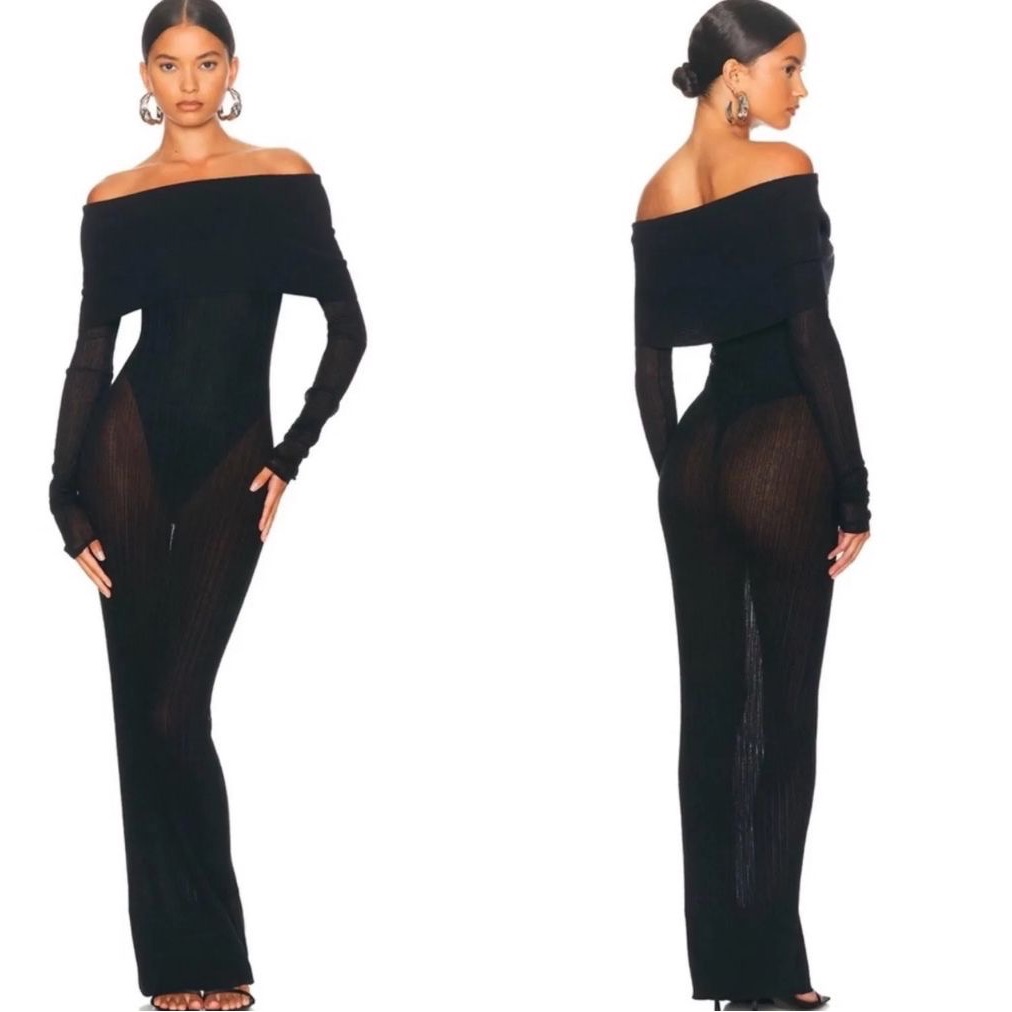 Helsa Justin Black Knit Sheer Off The Shoulder Maxi Dress Size S